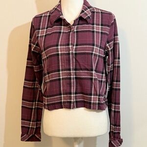 Vans Cropped Plaid Button-Up Flannel Shirt Burgundy Black Size M